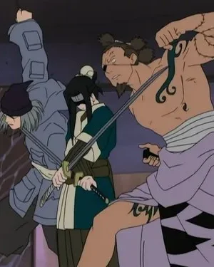 Três guerreiros de anime, um musculoso com tatuagens, um com cabelo claro e outro de faixa nos olhos, empunham espadas em combate.