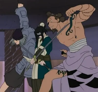 Três guerreiros de anime, um musculoso com tatuagens, um com cabelo claro e outro de faixa nos olhos, empunham espadas em combate.