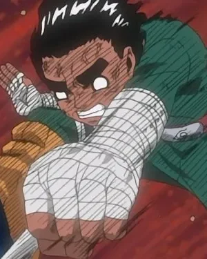 Close-up de personagem de anime de cabelo preto e uniforme verde, com ataduras, socando. Expressão focada em fundo vermelho dinâmico.
