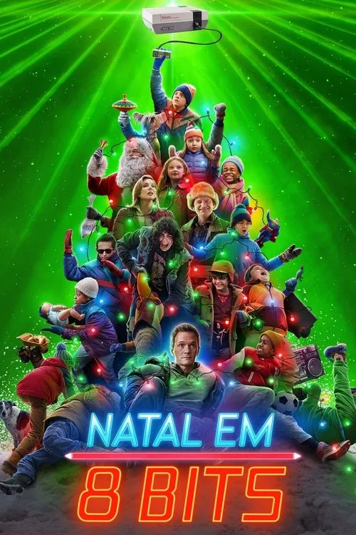 Pessoas de várias idades,iluminadas,formam uma árvore. Um console de videogame antigo no topo. Fundo verde brilhante e nevado,clima divertido.