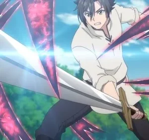 Homem anime empunha espada, repelindo picos de energia carmesim. Cenário de ação ao ar livre com céu azul.