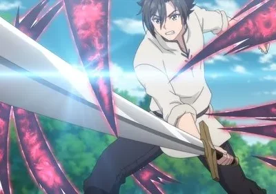 Homem anime empunha espada, repelindo picos de energia carmesim. Cenário de ação ao ar livre com céu azul.