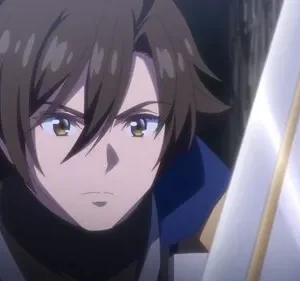 Homem anime de cabelo castanho, expressão determinada, empunhando uma espada grande, contra um fundo escuro e misterioso.