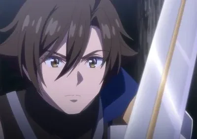 Homem anime de cabelo castanho, expressão determinada, empunhando uma espada grande, contra um fundo escuro e misterioso.