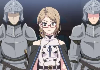 Estilo anime. Mulher de óculos e roupa elegante é flanqueada por 2 cavaleiros em armadura. Olhar sério, ambiente formal.