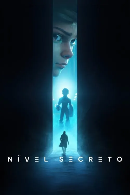 Pôster escuro. Rosto feminino sério espreita de fenda vertical azul-clara. Abaixo, silhuetas de criança e adulto em cenário enigmático.