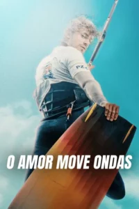 Pôster: homem atlético com cabelo encaracolado, equipamento de kitesurf, segurando uma prancha e barra de controle, olhando para trás sob céu azul.