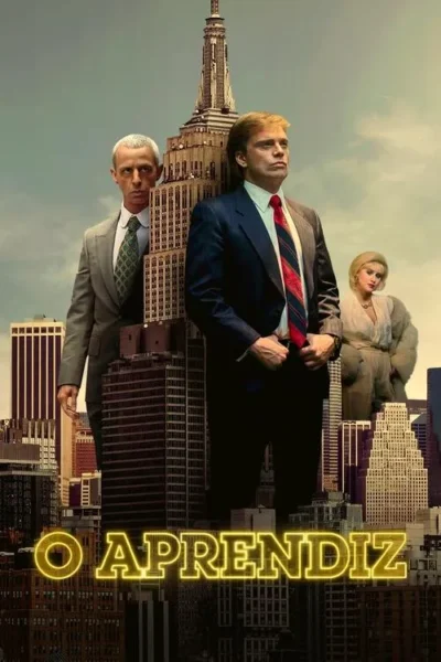 Dois homens de terno e uma mulher elegante em um cenário urbano de arranha-céus. O clima é de poder e negócios.