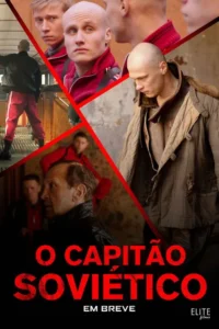 Pôster dividido com o mesmo homem careca em várias cenas:jovem com agasalho vermelho,e outro com casaco militar sujo. Homens sérios,clima tenso.