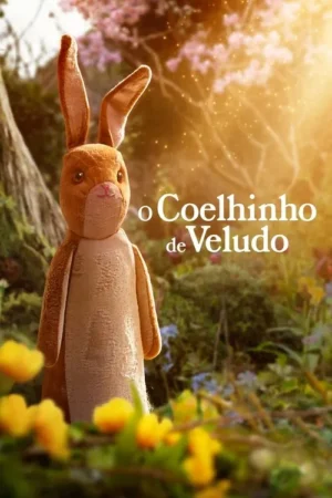 Pôster: Coelho de pelúcia marrom em um jardim mágico e ensolarado, com árvores floridas e brilhos dourados. Atmosfera calorosa.