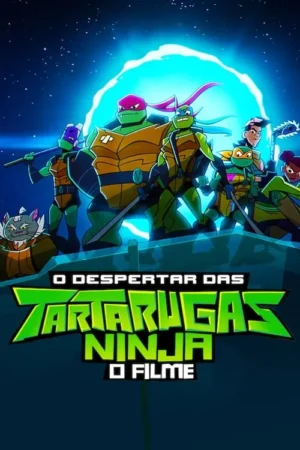 Pôster animado. Quatro tartarugas ninja e amigos em frente a um portal azul brilhante no espaço. Clima de aventura.