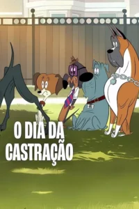 Desenho animado. Cinco cães de raças diferentes,com expressões apreensivas,estão em um gramado. Há uma cerca e casas ao fundo.