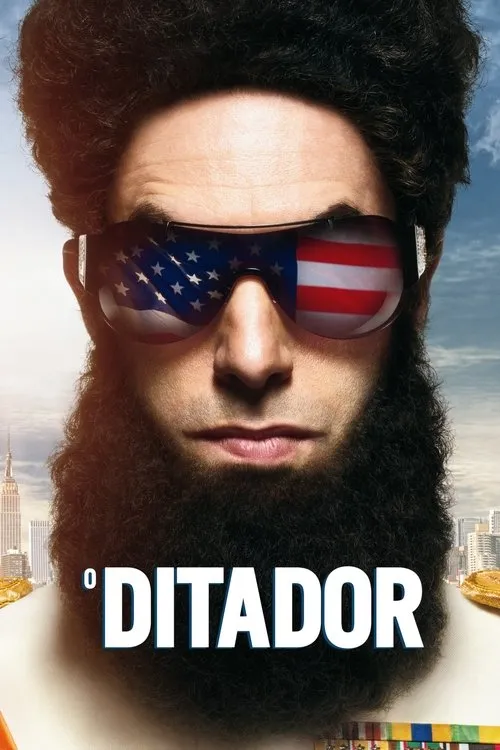 O Ditador 1 Homem de barba e cabelo pretos volumosos. Óculos escuros com bandeira dos EUA refletida. Uniforme militar e cidade ao fundo.