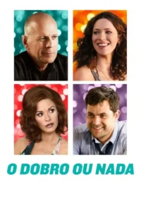 Quatro retratos em grade:dois homens e duas mulheres em fundos bokeh coloridos e vibrantes,com expressões alegres,sugerindo um filme leve.