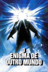 Figura de casaco escuro com a cabeça em explosão de luz branca e raios. Fundo azul profundo com feixes angulares. Clima de mistério e ameaça.