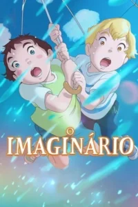 Duas crianças de anime,uma morena e uma loira,seguram um guarda-chuva sob chuva forte,com expressões de surpresa.