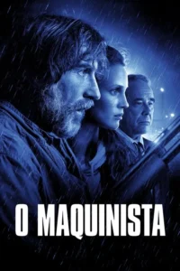 Três figuras em perfil,olhando para a direita. Homem barbudo à frente,mulher ao centro e um homem mais velho atrás. Chove forte,luz azul-escura,clima tenso.