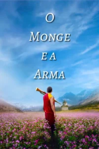 Um monge de costas com um rifle num campo florido. Montanhas e um templo budista se erguem sob um céu sereno.
