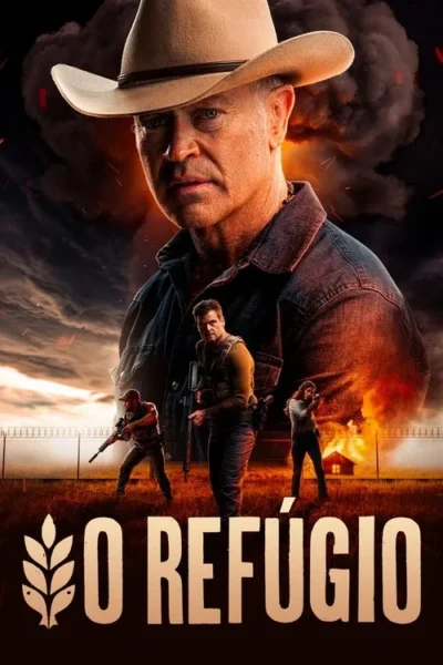 Pôster: homem de chapéu cowboy com expressão séria. Abaixo, 3 figuras armadas num campo com cerca e casa em chamas. Céu de fumaça e fogo.