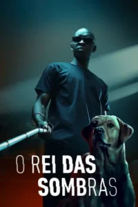 Homem negro careca de óculos e bengala,visto de baixo,ao lado de um cão. Cenário escuro e azulado,clima de suspense.