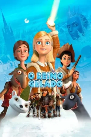 Pôster de animação: jovem loira com luz, um rapaz, e personagens diversos em cenário de gelo azul com castelo e rosto gelado.