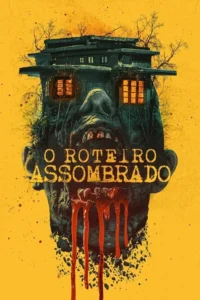 Pôster de horror: Uma criatura grotesca verde-escura com uma casa abandonada no topo da cabeça e sangue escorrendo da boca aberta.