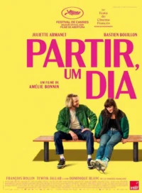 Pôster vibrante:um homem e uma mulher jovens sentados num banco,em fundo amarelo. Ele sorri para ela,que olha para baixo. Casual e leve.