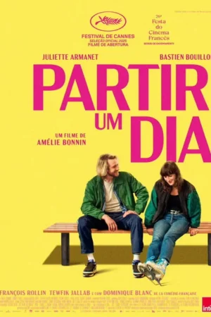 Pôster vibrante: um homem e uma mulher jovens sentados num banco, em fundo amarelo. Ele sorri para ela, que olha para baixo. Casual e leve.