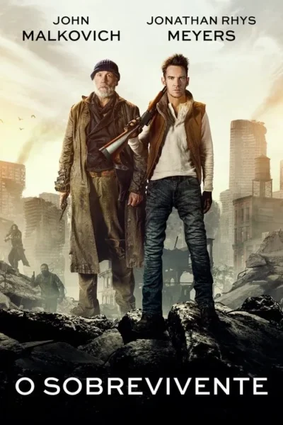 Dois homens armados, um mais velho e um jovem, sobre escombros em cidade em ruínas. Pessoas ao fundo, clima pós-apocalíptico.