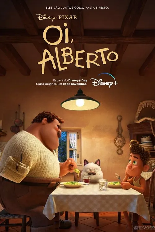 Oi,Alberto 1 Um homem robusto,um menino e um gato comem massa à mesa em uma cozinha italiana aconchegante,sob luz quente.