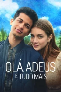 Pôster com jovem casal sorridente. Homem de jaqueta azul e mulher de blusa florida,encostados. Fundo de céu azul e árvores. Clima romântico e leve.