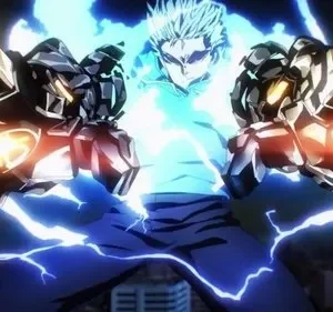 Jovem anime com cabelo espetado, envolto em aura azul, usando manoplas mecânicas que emitem luz laranja, em um fundo urbano.