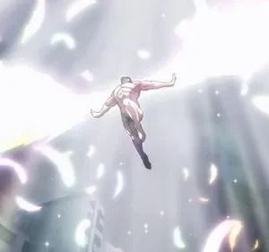 Homem musculoso nu voa para cima sobre uma cidade, imerso em brilho intenso e partículas de luz coloridas. Cena etérea.