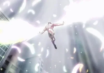 Homem musculoso nu voa para cima sobre uma cidade, imerso em brilho intenso e partículas de luz coloridas. Cena etérea.