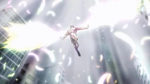 One-Punch Man – T01E08:Rei das Profundezas do Mar 1 Homem musculoso nu voa para cima sobre uma cidade,imerso em brilho intenso e partículas de luz coloridas. Cena etérea.