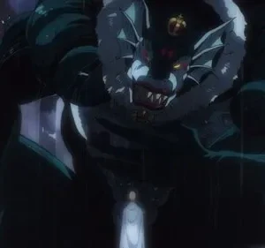 Monstro gigante e escuro com dentes afiados, olhos vermelhos e coroa ameaça um pequeno humano de branco. Chove intensamente em cenário urbano.