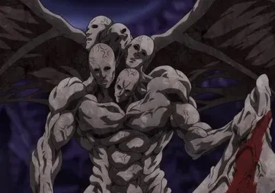 Monstro cinzento musculoso com múltiplas cabeças pálidas, asas escuras e algo ensanguentado na mão, contra fundo sombrio.