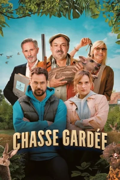 Cinco adultos em paisagem campestre. Homem com javali e espingarda, mulher sorri com chaves. Dois à frente sérios. Coelhos e vegetação verde. Tom cômico.
