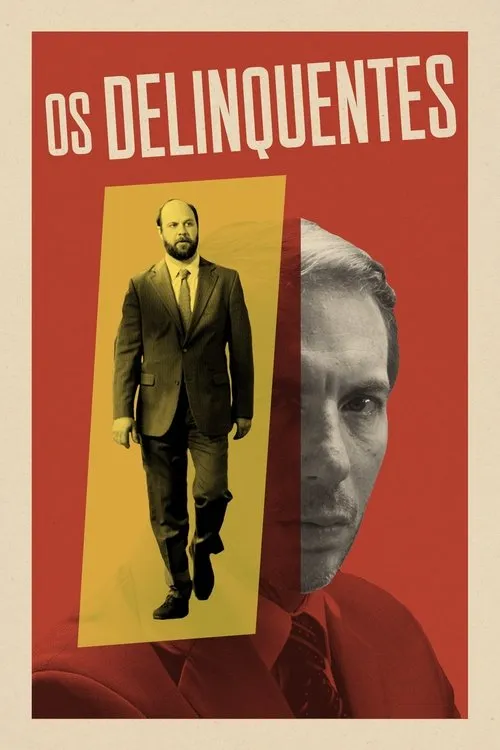Pôster em vermelho e amarelo. Um homem de terno caminha,emoldurado. Ao lado,o rosto sério e sombrio de outro homem,em P&B. Sugere drama e tensão.