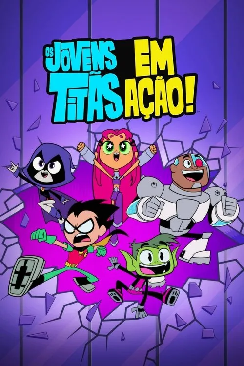 Cinco heróis animados em poses dinâmicas,contra um fundo roxo estilhaçado. Clima de ação e diversão.