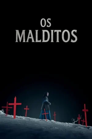 Figura em vestes escuras numa colina gelada, cercada por cruzes vermelhas sob um céu noturno. Clima sombrio e misterioso.