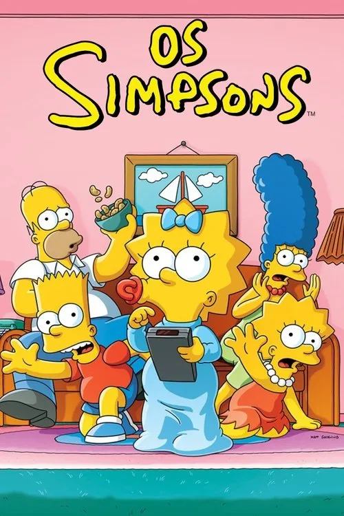 Os Simpsons 1 Família animada de pele amarela em sala rosa. Pai com lanche,mãe e filhos com expressões de choque/surpresa. Clima caótico.