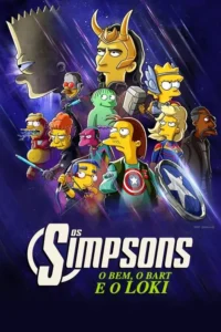 Personagens amarelos animados vestidos de super-heróis em um cenário cósmico. Moe como Loki e Bart sombrio são destaque. Clima épico de aventura.