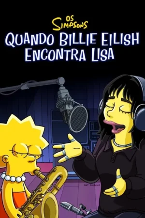 Pôster de desenho: uma garota amarela toca sax, enquanto uma mulher de cabelo escuro com fones canta em um microfone no estúdio de gravação.