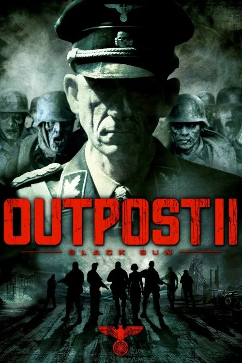 Outpost 2:Inferno Negro 1 Oficial sombrio com zumbis soldados ao fundo. Abaixo,silhuetas de militares armados em estrada destruída. Pôster de terror militar.