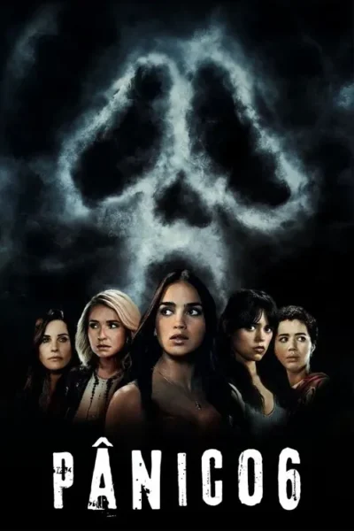 Cinco mulheres apreensivas olham para uma nuvem escura em forma de máscara de caveira. Pôster de terror com clima de suspense.