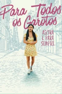 Jovem de vestido floral amarelo e maria-chiquinhas caminha por uma rua de cidade com prédios esboçados. Clima leve e romântico.