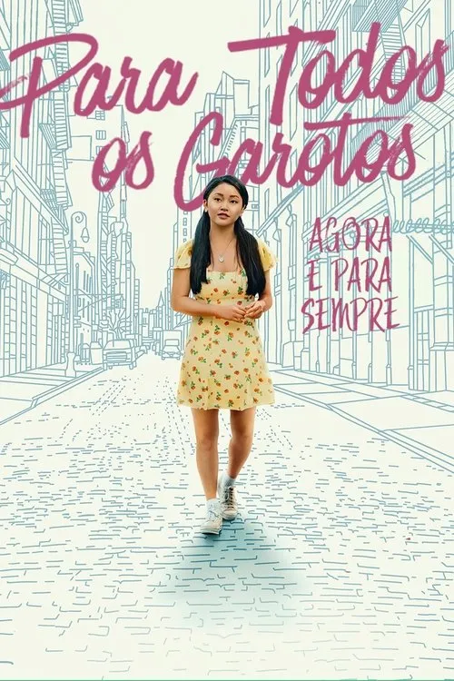 Jovem de vestido floral amarelo e maria-chiquinhas caminha por uma rua de cidade com prédios esboçados. Clima leve e romântico.