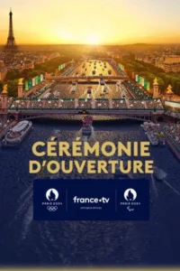 Pôster:Paris ao pôr do sol. Rio Sena com barcos e multidões em arquibancadas,Torre Eiffel ao fundo. Texto:CÉRÉMONIE D'OUVERTURE.