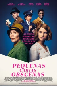 Cinco pessoas em roupas de época contra fundo azul. Expressões variadas: choque, seriedade, ceticismo, e um sorriso. Inclui uma policial.